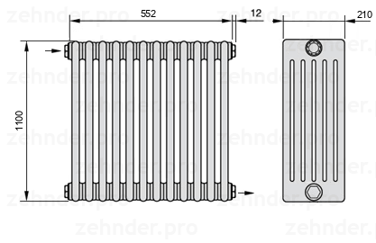 Схема (чертеж) Радиатор Zehnder Charleston 6110/12 №1670 Белый глянцевый RAL 9016